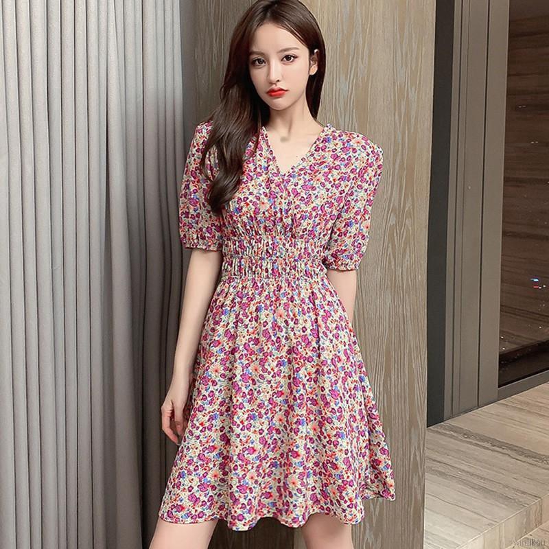 Đầm Tay Ngắn Cổ Chữ V Hoạ Tiết Hoa Thiết Kế Dáng Chữ A Nữ Tính Váy Chân váy
