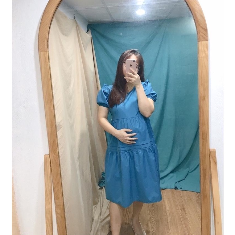 Đầm bầu, váy bầu thiết kề, màu xanh hot hit sang chảnh, chất đũi hàn mát lịm, Freesize dưới 70kg