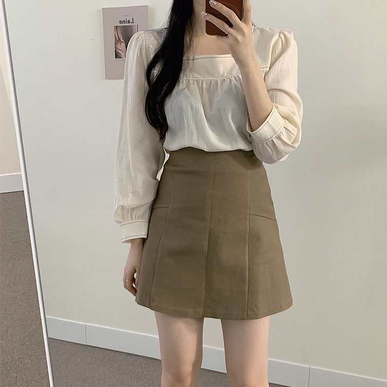 Áo Sơ Mi Tay Dài Cổ Vuông Màu Trơn Dáng Chữ A Thời Trang 49179