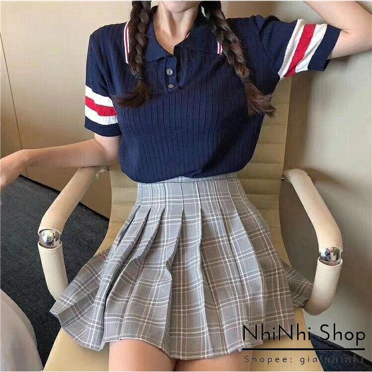 Áo len cổ đức ngắn tay, Áo kiểu viền kẻ tay cổ bẻ vải len co giãn AS6512 - NhiNhi Shop