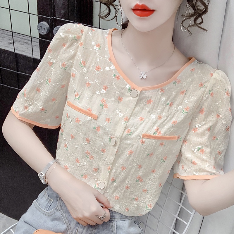 Áo Sơ Mi Hoa Tay Ngắn Phong Cách Mới Mùa Hè áo sơ mi voan hoa áo ren tay ngắn