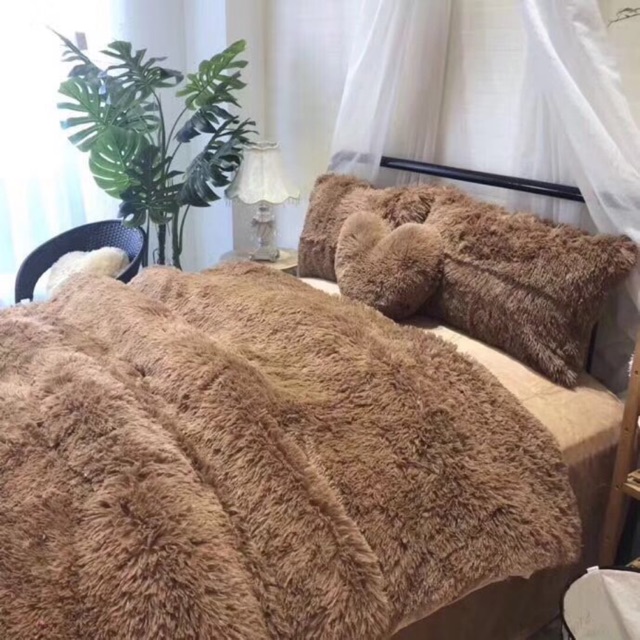 Bộ Chăn Ga Gối Nỉ Nhung Lông Cao Cấp Mẫu Màu Nâu