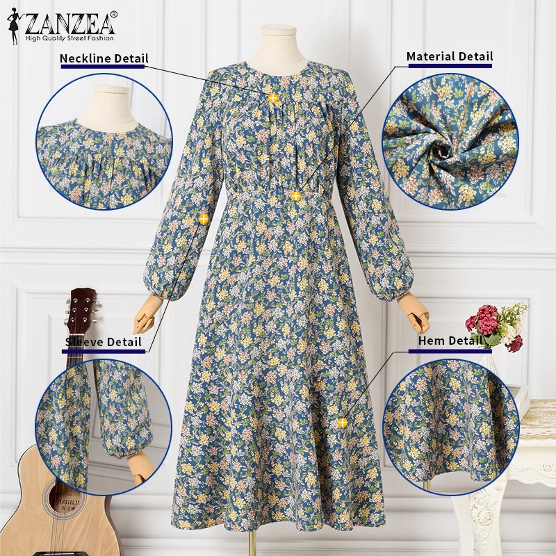 Đầm ZANZEA tay phồng cổ tròn xếp ly họa tiết hoa phong cách thời trang Hàn Quốc cho nữ