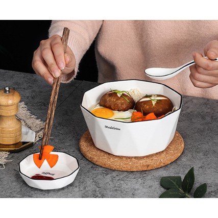 Chén bát đĩa sứ tráng men hình lục giác phong cách bắc âu MÀU TRẮNG