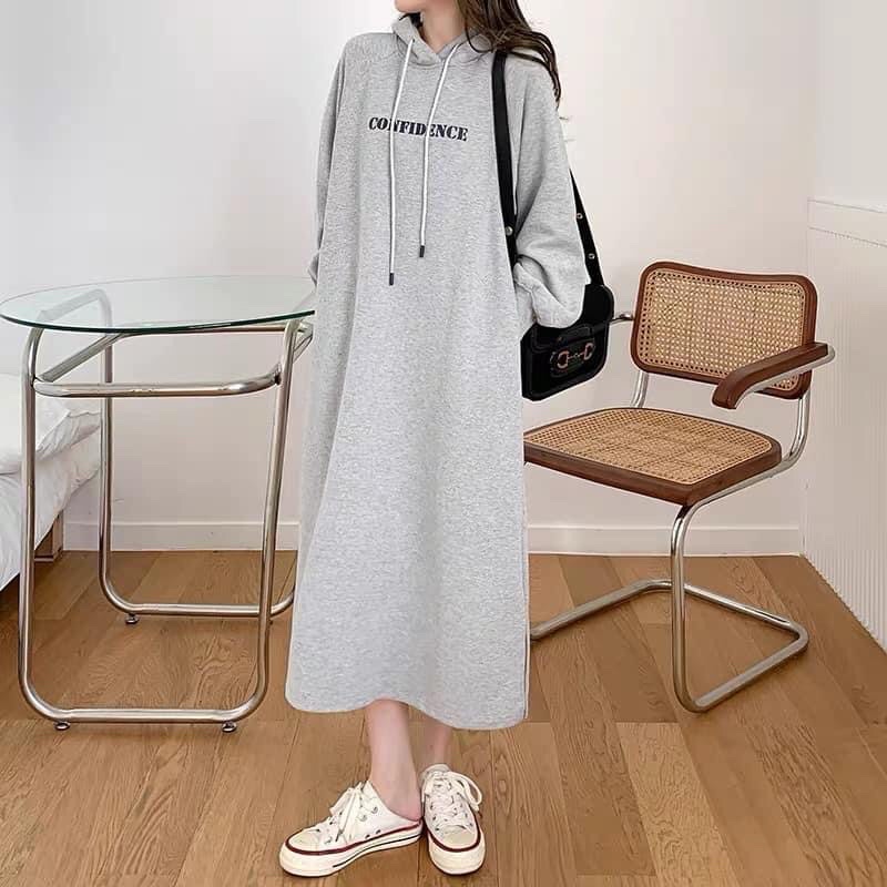 Áo váy Đầm hoodie dáng dài xẻ tà lót bông dày dặn váy suông bầu thu đông | BigBuy360 - bigbuy360.vn