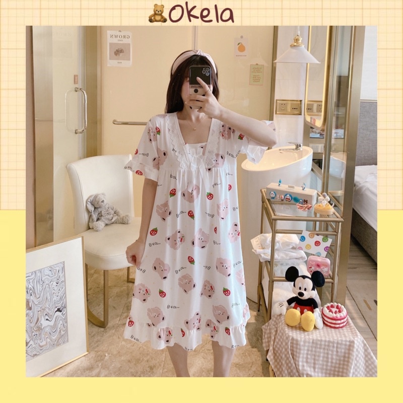 Váy ngủ đầm ngủ nữ chất thun cotton mịn mát mặc nhà thoải mái cổ bèo xinh xắn, hình gấu dễ thương | BigBuy360 - bigbuy360.vn