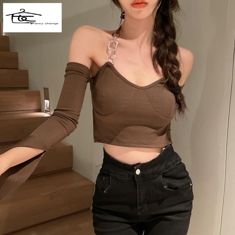 Hàng Có Sẵn Bán Chạy~Áo Thun Tay Dài Lưng Cao Hở Vai Thiết Kế Sang Trọng Dễ Phối Đồ