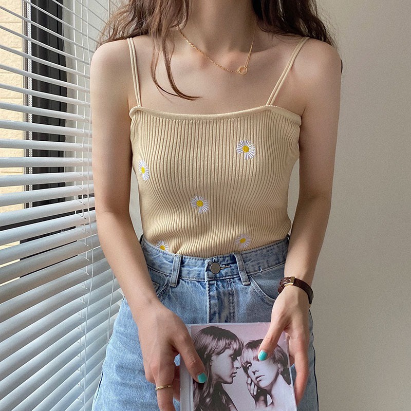 Áo hai dây ZHELIHANGFEI vải dệt kim thêu họa tiết hoa cúc xinh xắn