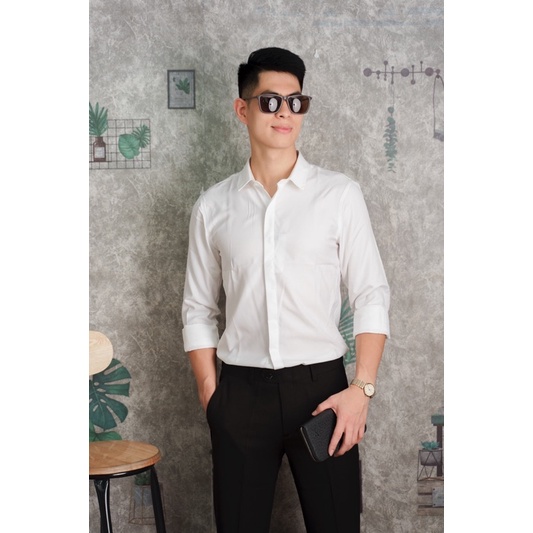 Sơ mi giấu khuy trắng trơn nam, sơ mi công sở, sơ mi giấu khuy nam, sơ mi dài tay nam