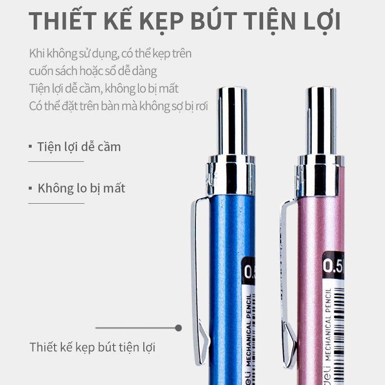 BÚT CHÌ KIM DELI THÂN KIM LOẠI MÀU BẠC, XANH DƯƠNG, HỒNG (CHỌN NGÒI 0.5 MM HOẶC 0.7 MM)