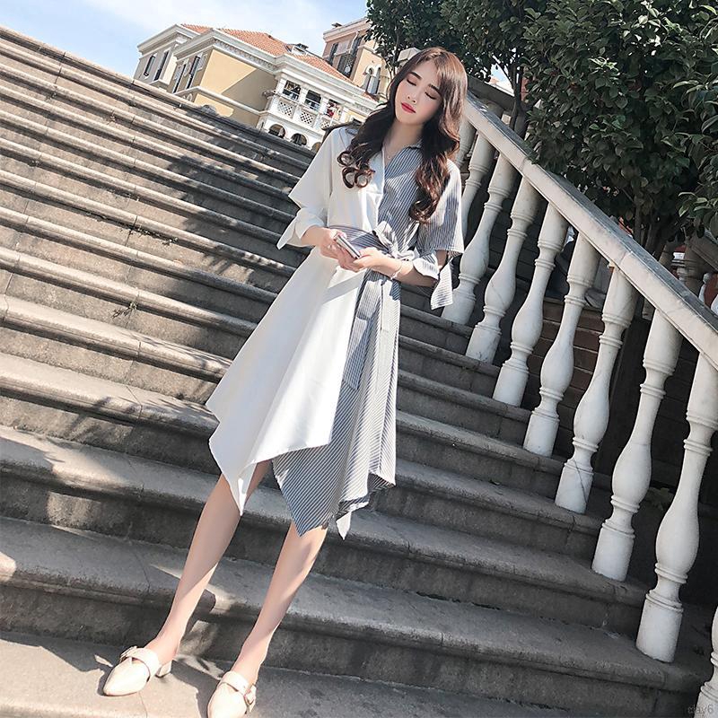 day6 Women V-Neck Lapel Lace Color Matching Stripes Casual Sweet Dress | BigBuy360 - bigbuy360.vn