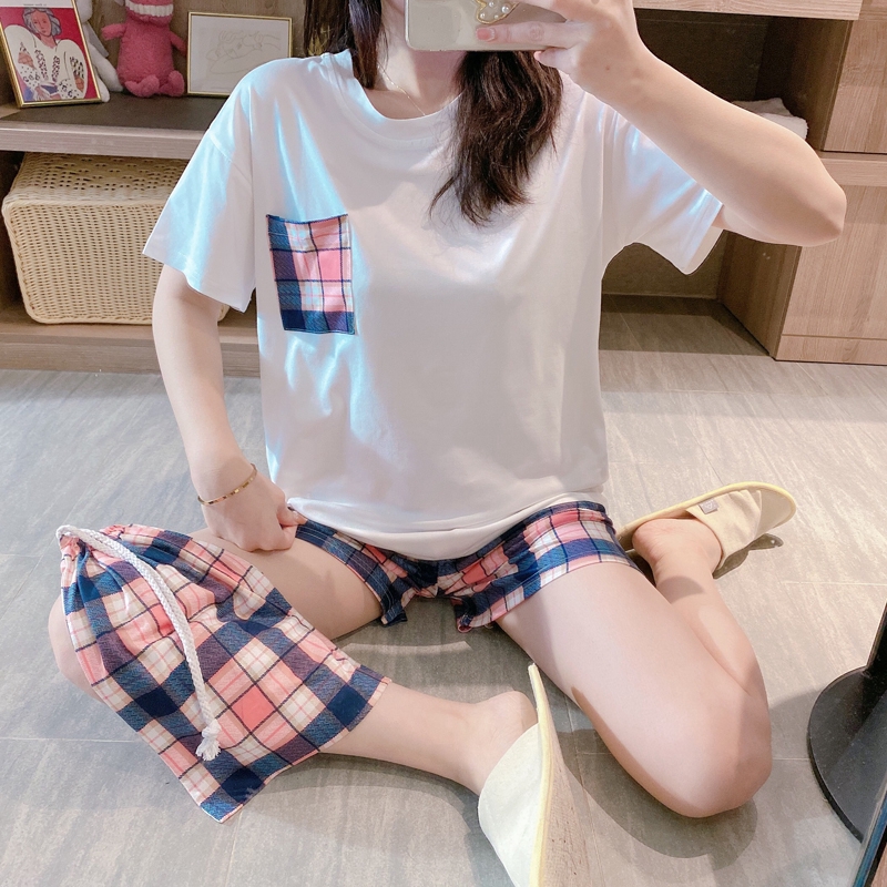 summer young girl korean fashion print short-sleeved T-shirt and plaid print shorts home wear pajama set 2 pieces