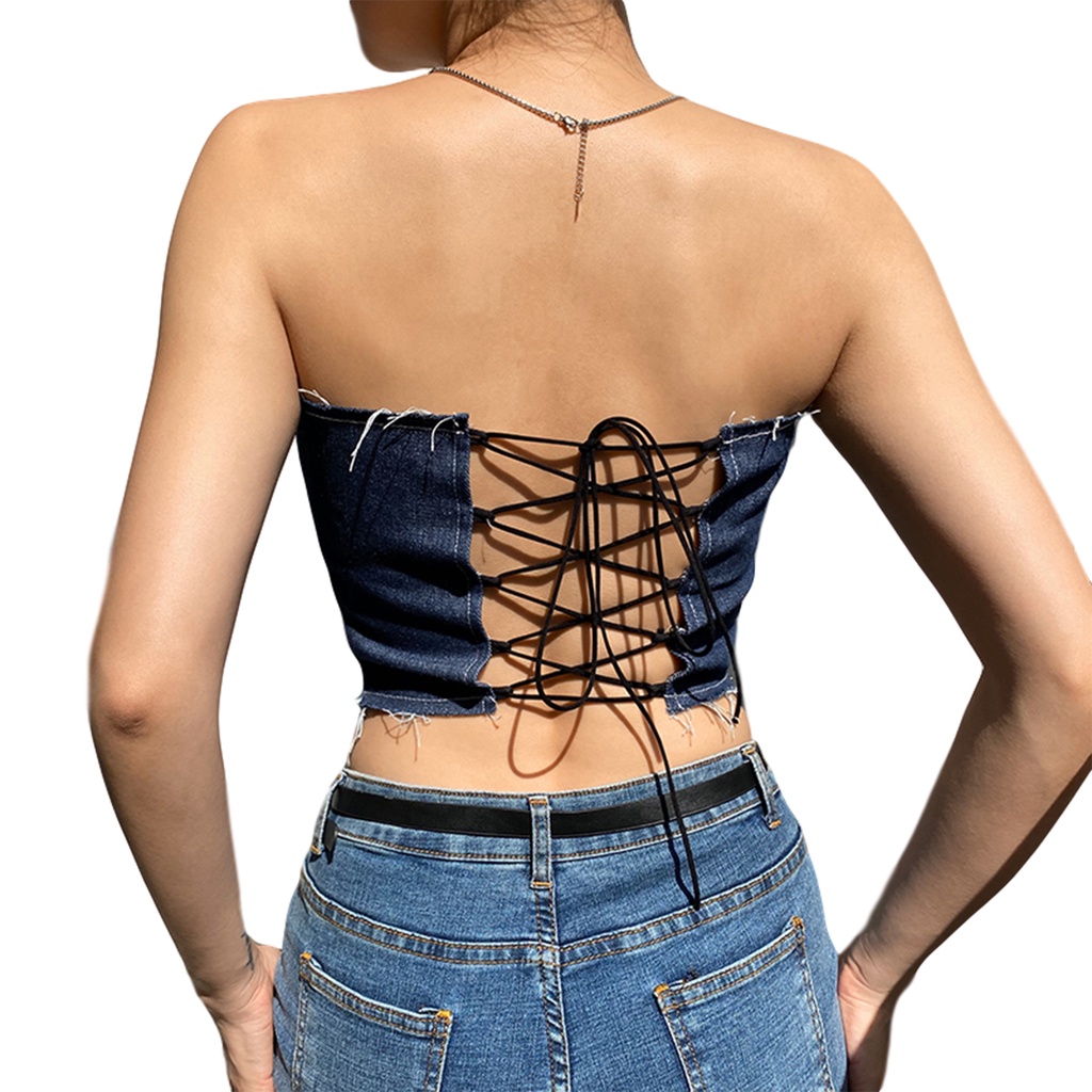 Áo croptop denim thiết kế dây đan chéo lưng thời trang dành cho nữ