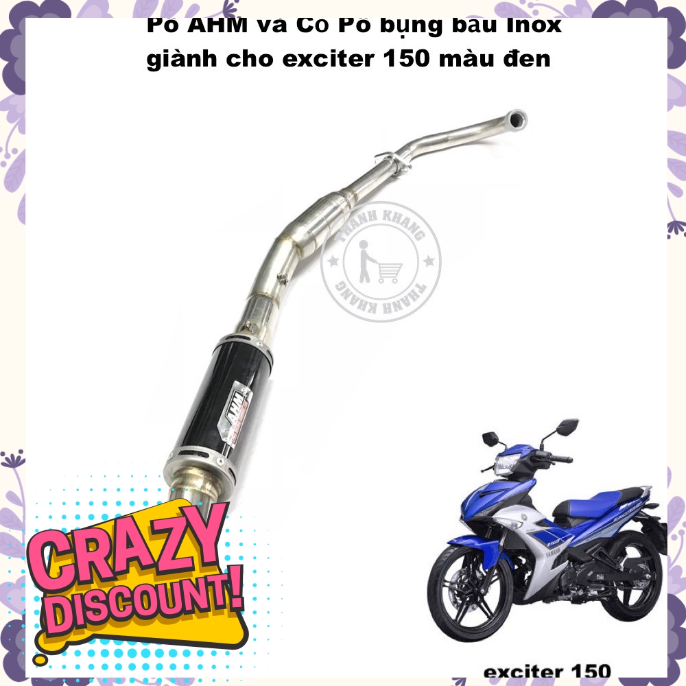 Pô AHM màu đen và cổ pô inox bụng bầu dành cho exciter 150 thanh khang 006001319 006001303