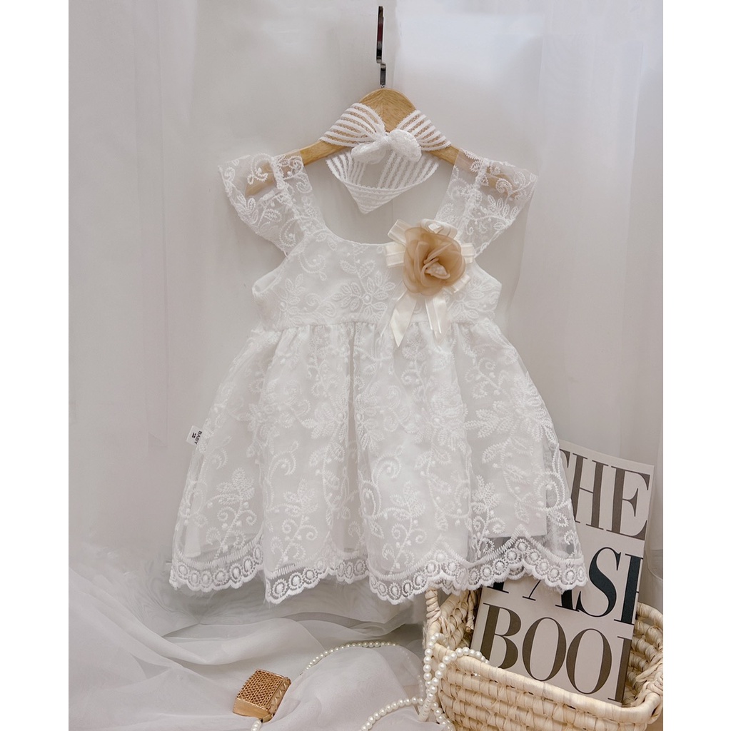 Váy công chúa bé gái, váy ren Hàn cao cấp có lớp lót lụa mềm bên trong kèm turban cho bé