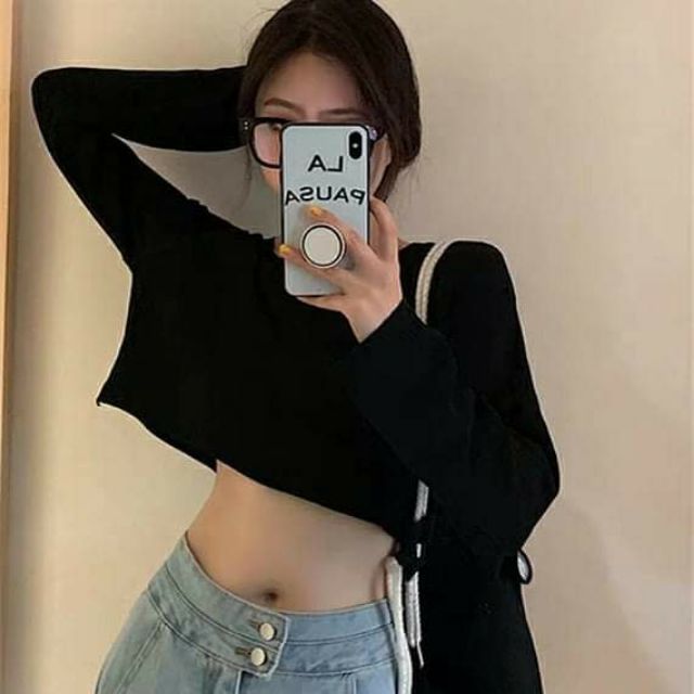 ÁO CROPTOP DÀI TAY REN LƯỚI XUYÊN THẤU MÀU TRƠN SEXY CÁ TÍNH