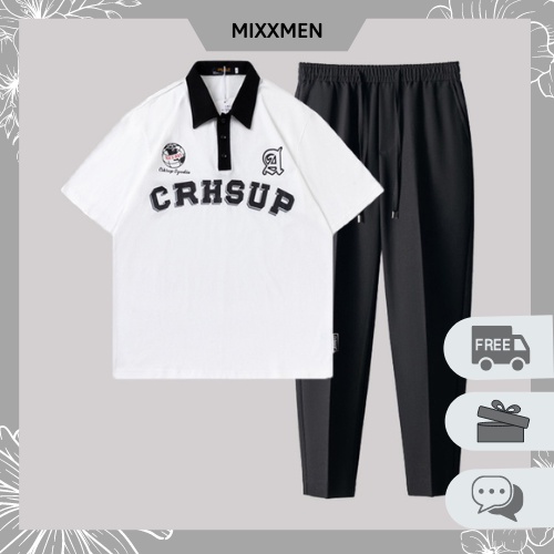 Bộ Đồ Nam Mùa Hè Áo Polo In Chữ CRHSUP Quần Baggy Ống Đứng Thời Trang MixxMen T227V1 + QN114V1