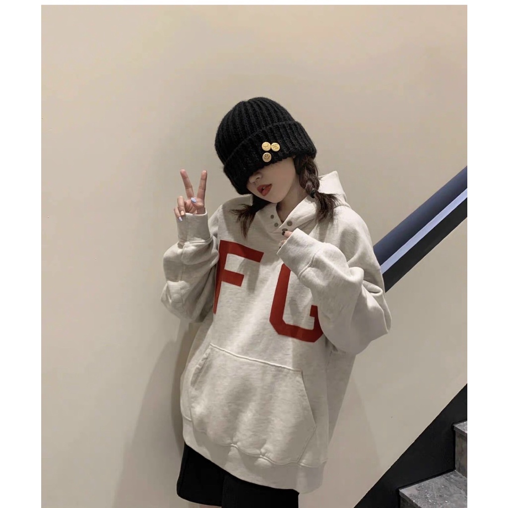 Áo Hoodie Nam Nữ Thiết Kế Nón 2 Lớp Có Cúc Gài Trên Cổ In Chữ FG, Phối Thời Trang Trẻ Trung Vải Nỉ Dày Dặn Mẫu hot Trend