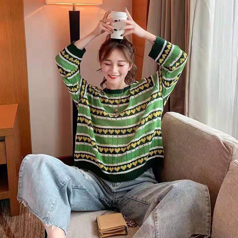 [Baywellfashion]Áo thun sweater cổ tròn dài tay phối màu tương phản