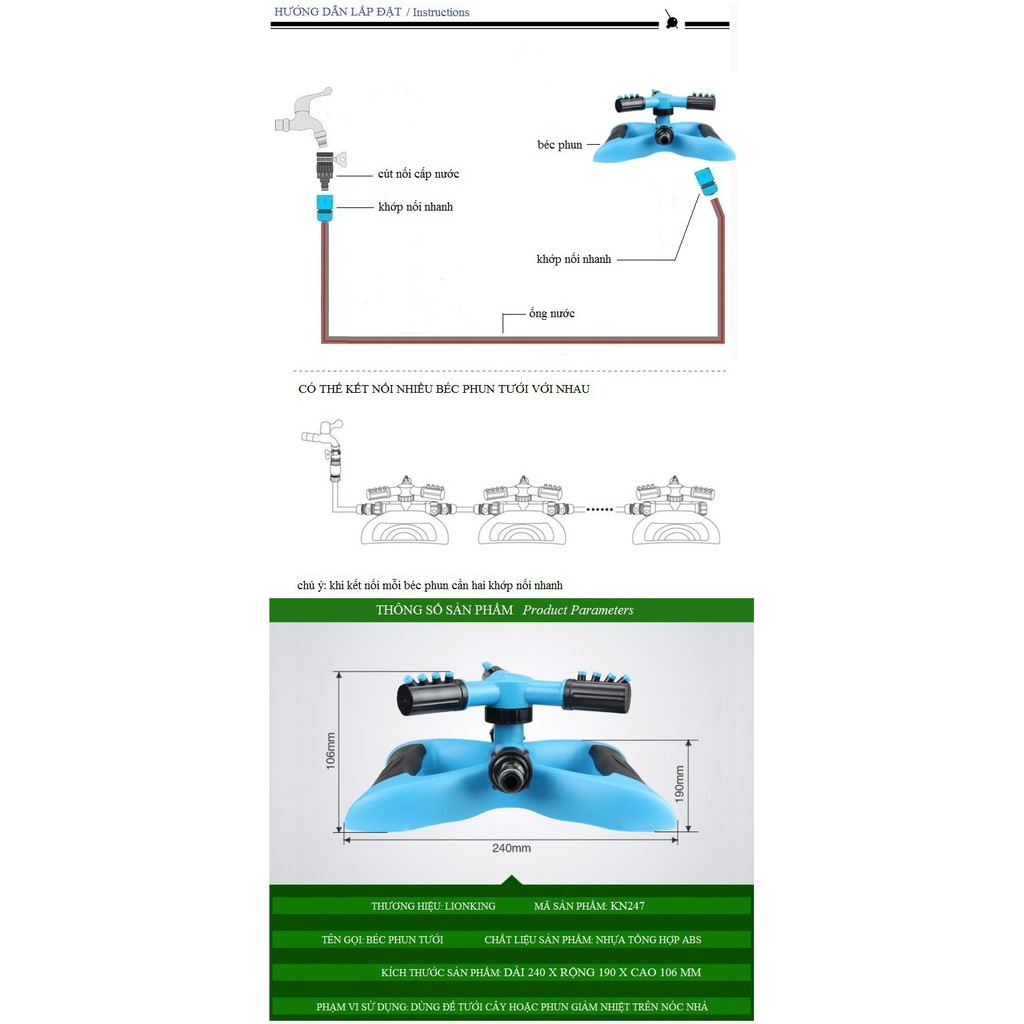 Vòi phun tưới cây xoay tròn 360 độ (cỡ lớn). Tặng kèm 1 khớp nối cấp nước cho béc phun