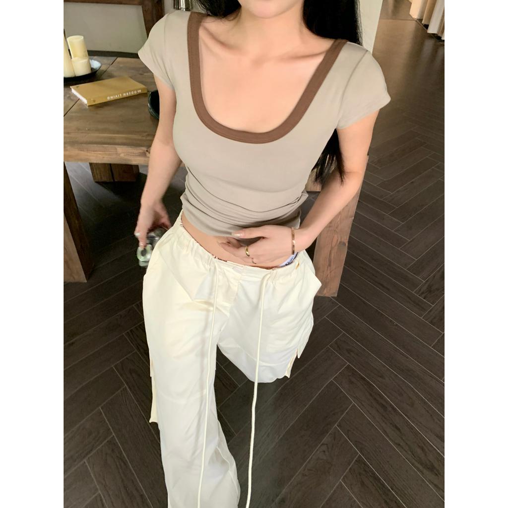 Set Áo Tay Ngắn Cổ Chữ u + Quần Lưng Cao Chất Liệu Co Giãn Tốt Kiểu Dáng Đơn Giản Thời Trang