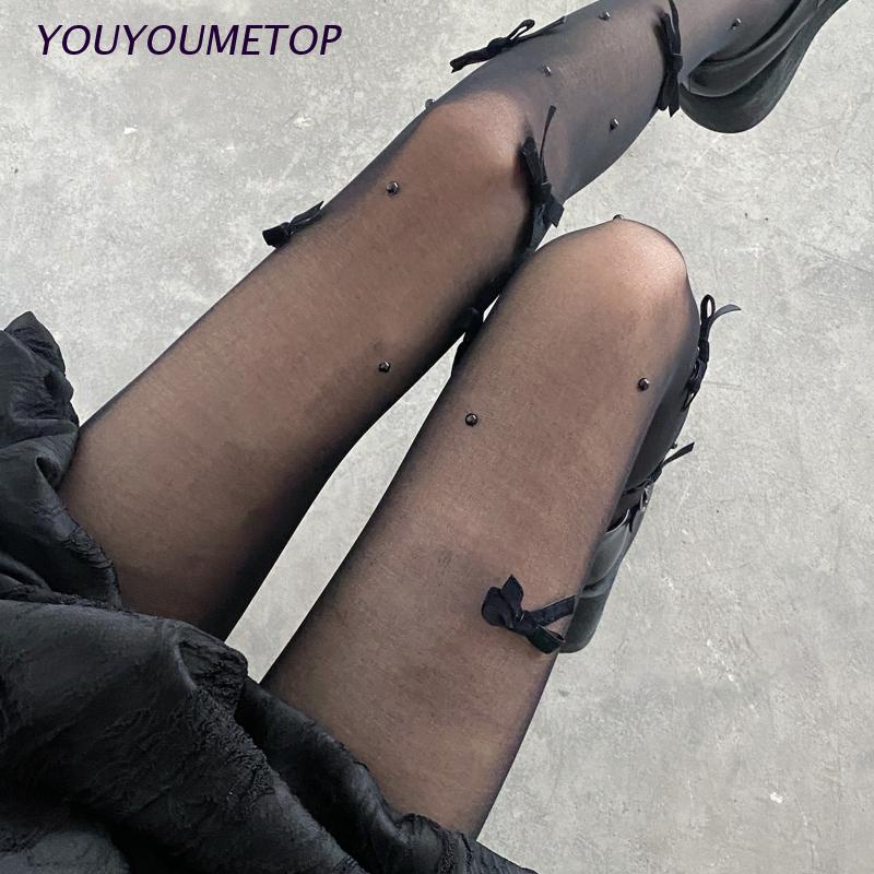Youyo Quần Tất Lụa Màu Đen Đính Nơ Đính Hạt Ngọc Trai Phong Cách Gothic Harajuku Nhật Bản Dành Cho Nữ