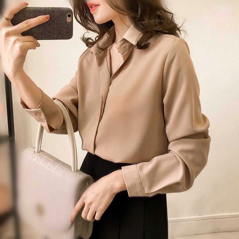 Áo sơ mi kiểu cổ đức tay dài phong cách công sở hàn quốc chất liệu lụa tằm ý mềm mịn không nhăn nhàu mặc mát A25