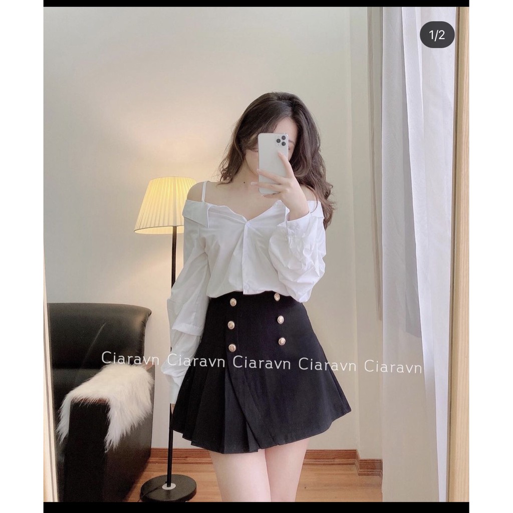 Chân váy ngắn chữ A vạt chéo xếp ly 3 khuy lưng cao 2 màu trắng, đen sz S,M | BigBuy360 - bigbuy360.vn