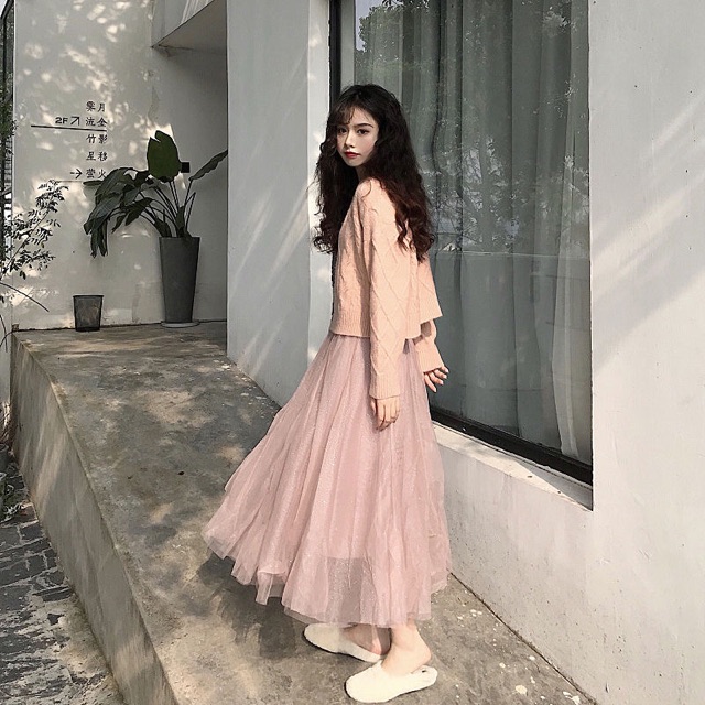 Set áo len + chân váy voan dài