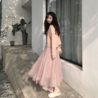 (Kèm ảnh thật) Set áo len + chân váy voan dài