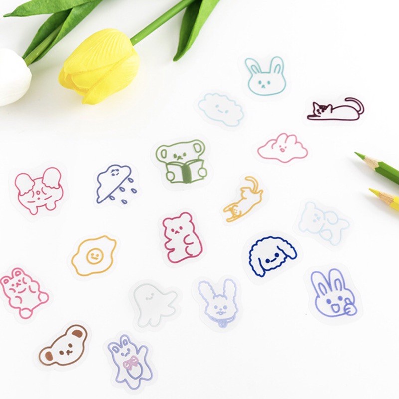 Gói 40 sticker trong suốt kẻ viền hình con vật trang trí sổ tay
