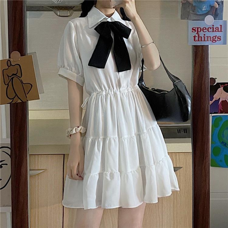 Đầm chữ A tay ngắn cổ bẻ dáng rộng phong cách Hàn Quốc thời trang cho nữ