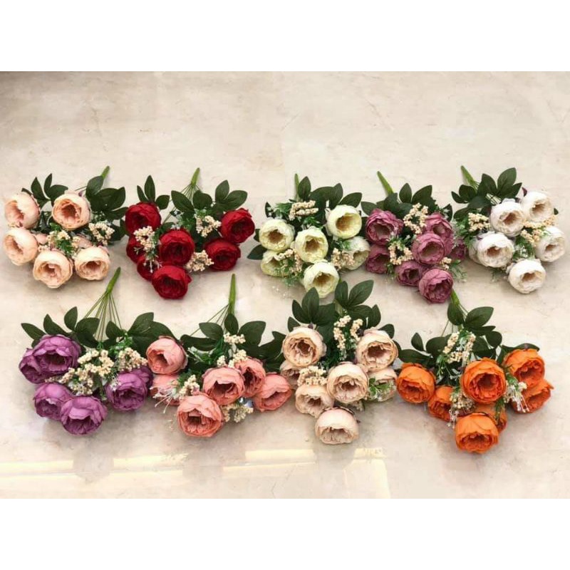 Cụm Hoa Hồng Trà Nhị Hoa Giả Trang Trí Decor Hoa Lụa Cao Cấp