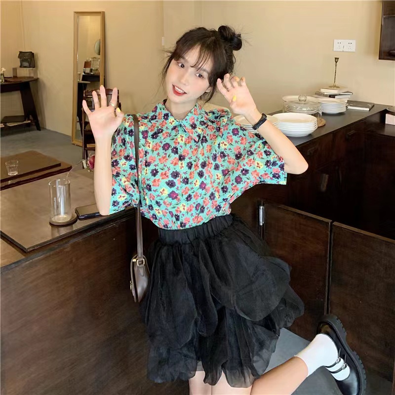 Áo sơ mi SUXI tay phồng dáng rộng in họa tiết hoa dễ thương thời trang mùa hè cho nữ