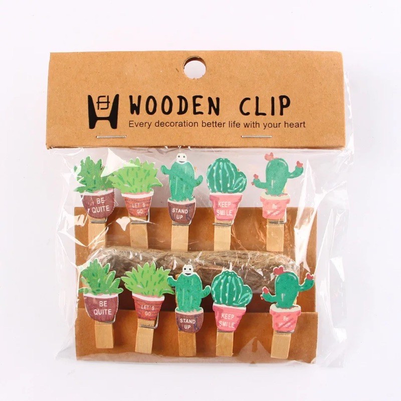 Set 10 kẹp ảnh gỗ clip mini trang trí treo ảnh kèm 2m dây thừng nhiều mẫu hoạt hình