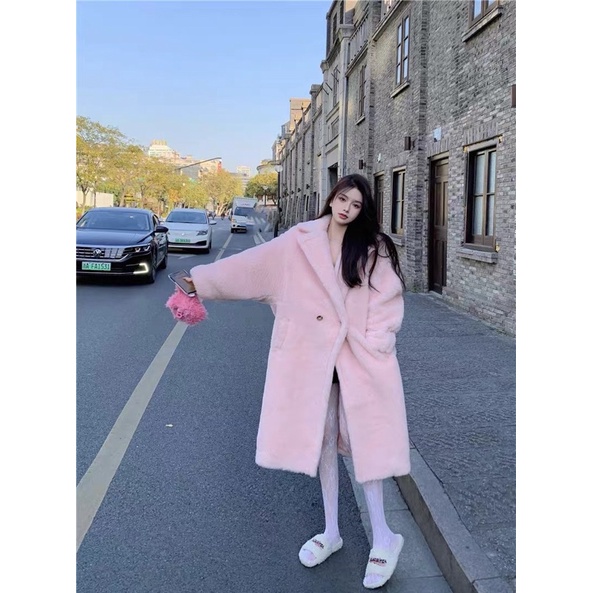 Áo khoác lông cừu dáng dài phong cách tiểu thư