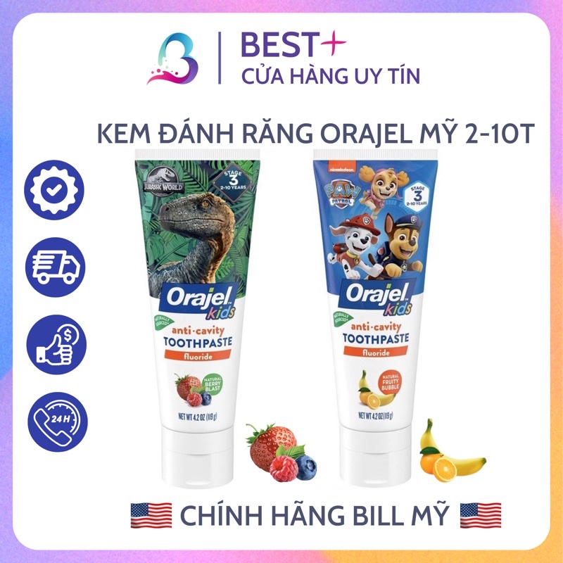 Kem đánh răng an toàn cho bé 2 - 10 tuổi Orajel Kids Anticavity Fluoride 119g