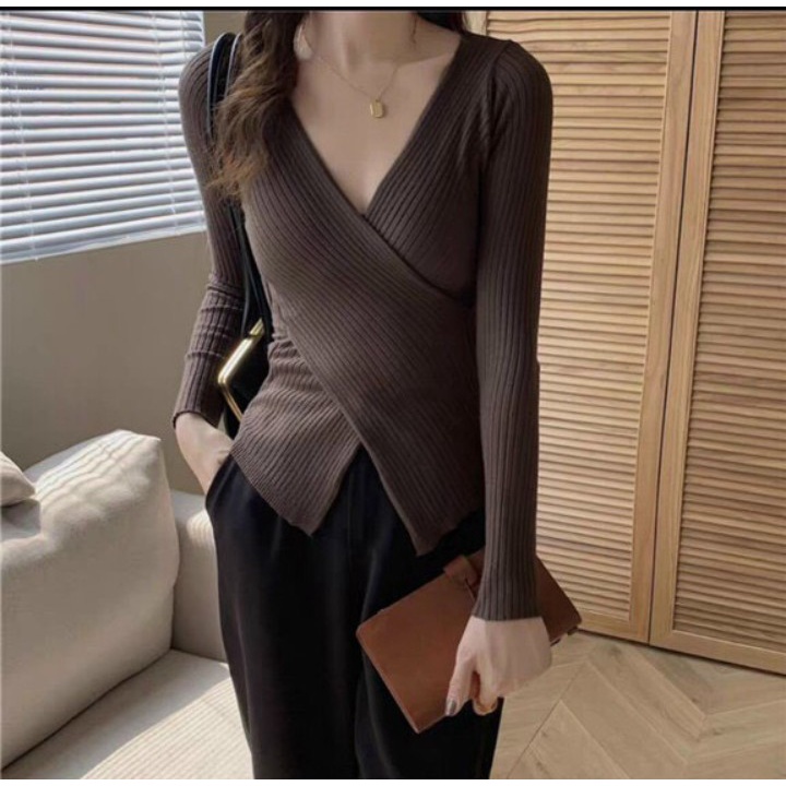 Áo thun nữ thân đáp chéo tay dài chất thun gân - 5 màu