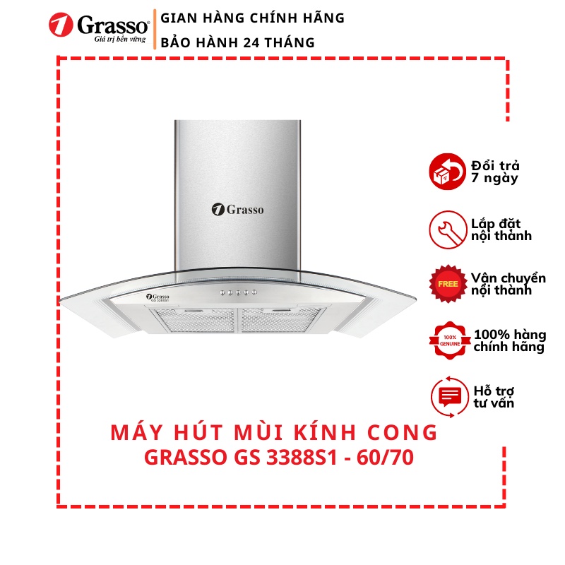 Máy hút mùi kính cong GRASSO GS 3388S1 (kích thước 60/70 cm)