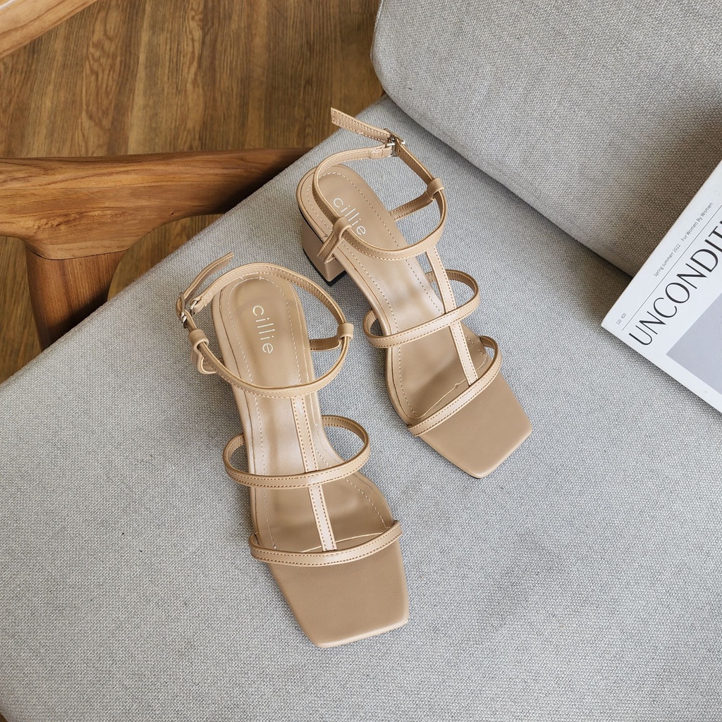 Giày sandal cao nữ quai mảnh chiến binh đế vuông cao 5cm đi học đi làm Cillie 1098