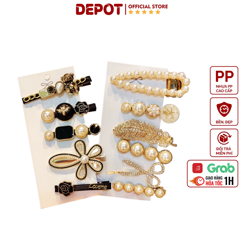 Set kẹp tóc đính đá, combo 5 kẹp tóc phối đen trắng phong cách Hàn Quốc sang chảnh