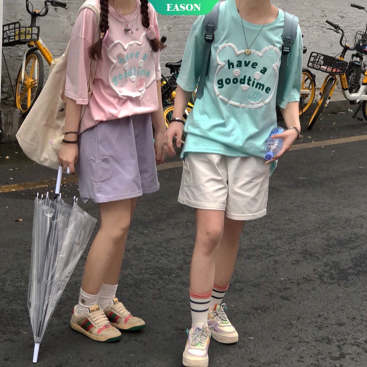 Quần Short Cotton Ống Rộng Màu Trơn Phối Túi Hình Gấu Dễ Thương Phong Cách Nhật Bản Thời Trang Mùa Hè Cho Nữ