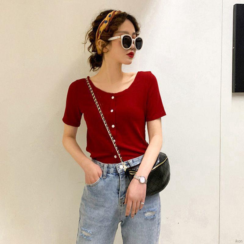 Áo thun len lưng cao tay ngắn cổ vuông