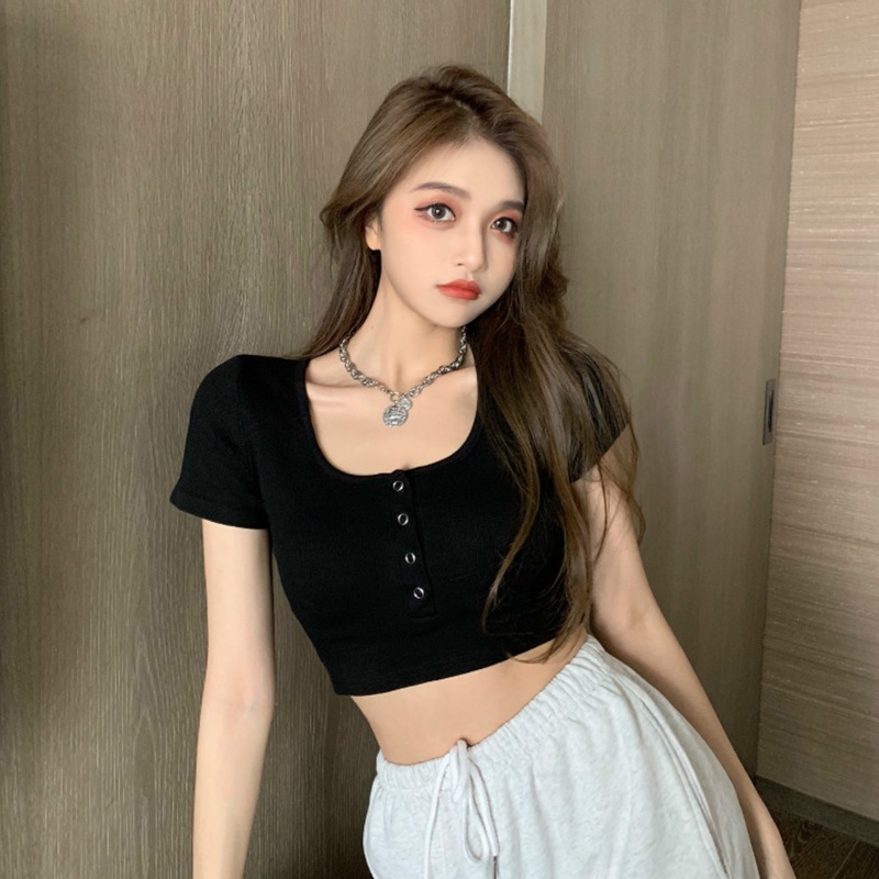Brroa Áo Croptop Dệt Kim Ôm Dáng Tay Ngắn Cổ Xẻ Ngực Màu Trơn Phối Nút Gợi Cảm Cho Nữ