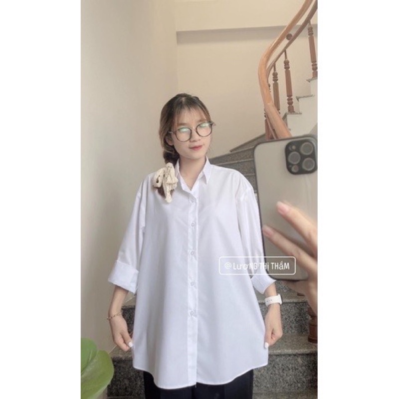 Áo sơ mi trắng unisex dài tay form dáng rộng nam nữ mặc được