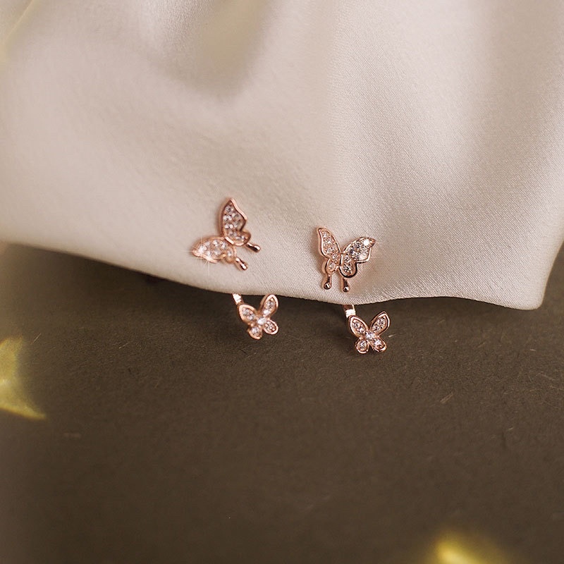 Khuyên tai bạc 925 SUMMERY hình bướm đính đá chốt sau đeo 2 kiểu S925 mạ vàng hồng