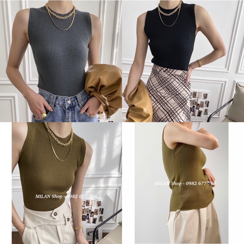 Áo len sát nách cổ tròn, 3phân dệt kim nhiều màu