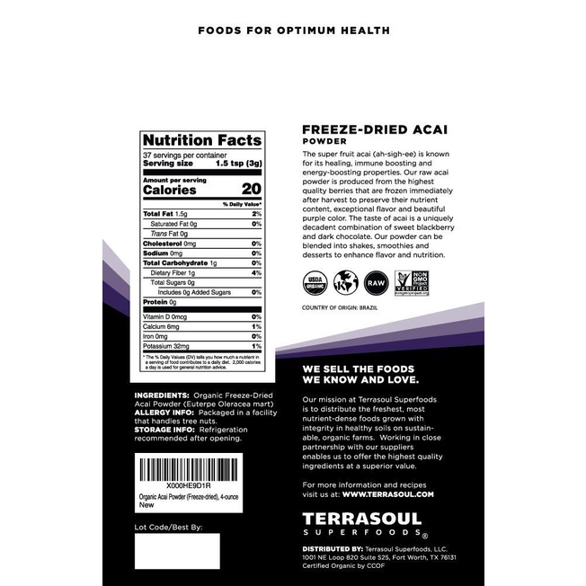 Bột Acai Hữu Cơ Terrasoul Superfoods 113g