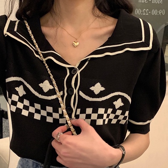 Áo thun polo ZHELIHANGFEI dệt kim tay phồng ngắn phong cách vintage dễ thương