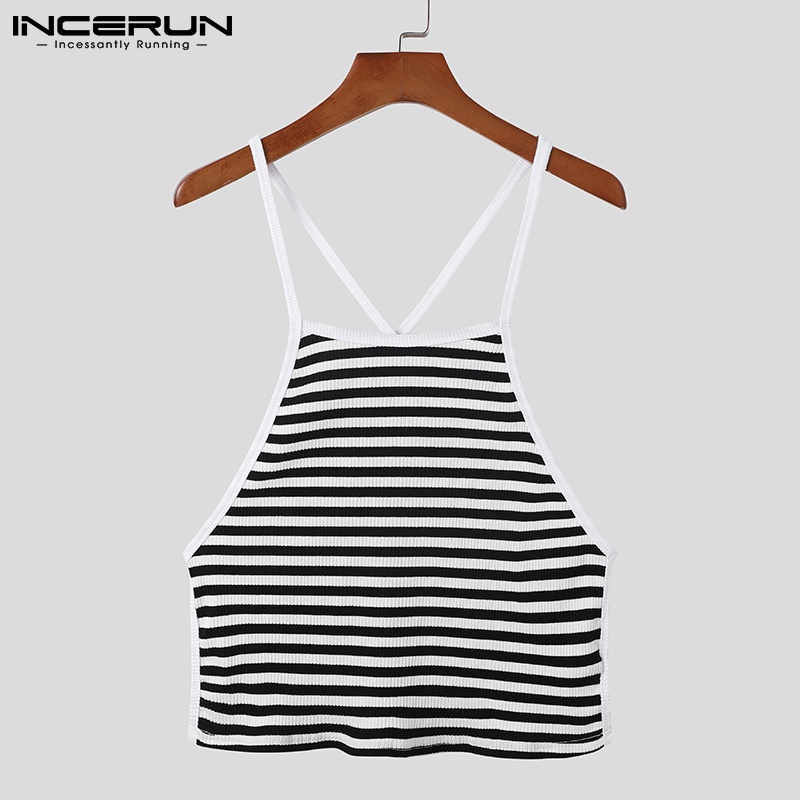 Áo hai dây INCERUN hở lưng hoạ tiết kẻ sọc thời trang cho nam